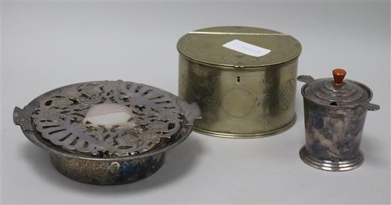 A quantity of plated wares: biscuit box, Art Deco jam pot and dish and teapot stand